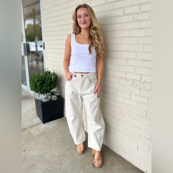 Miou Muse High Rise Barrel Pants Cream Baggy Relaxed Button Fly - Picture 2 of 12